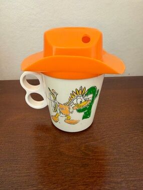 Vintage Disney Cowboy Mickey Mouse Mug Orange Cowboy Hat Lid Three Caballeros